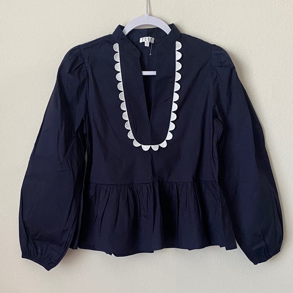 TCEC Navy Blouse with White Scallop Detail